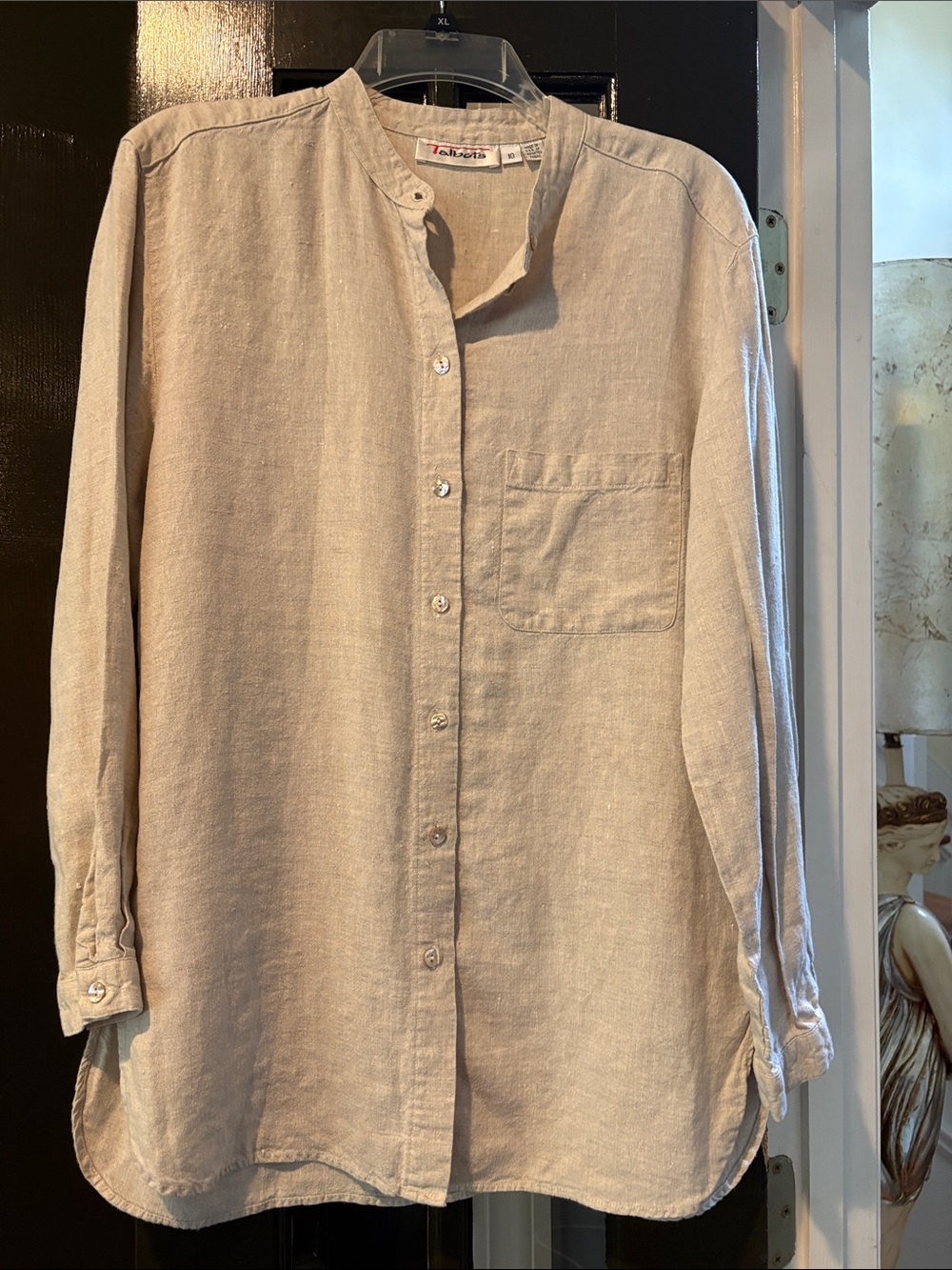 Talbots Beige 100% Linen Band-Collar Button-Down Shirt